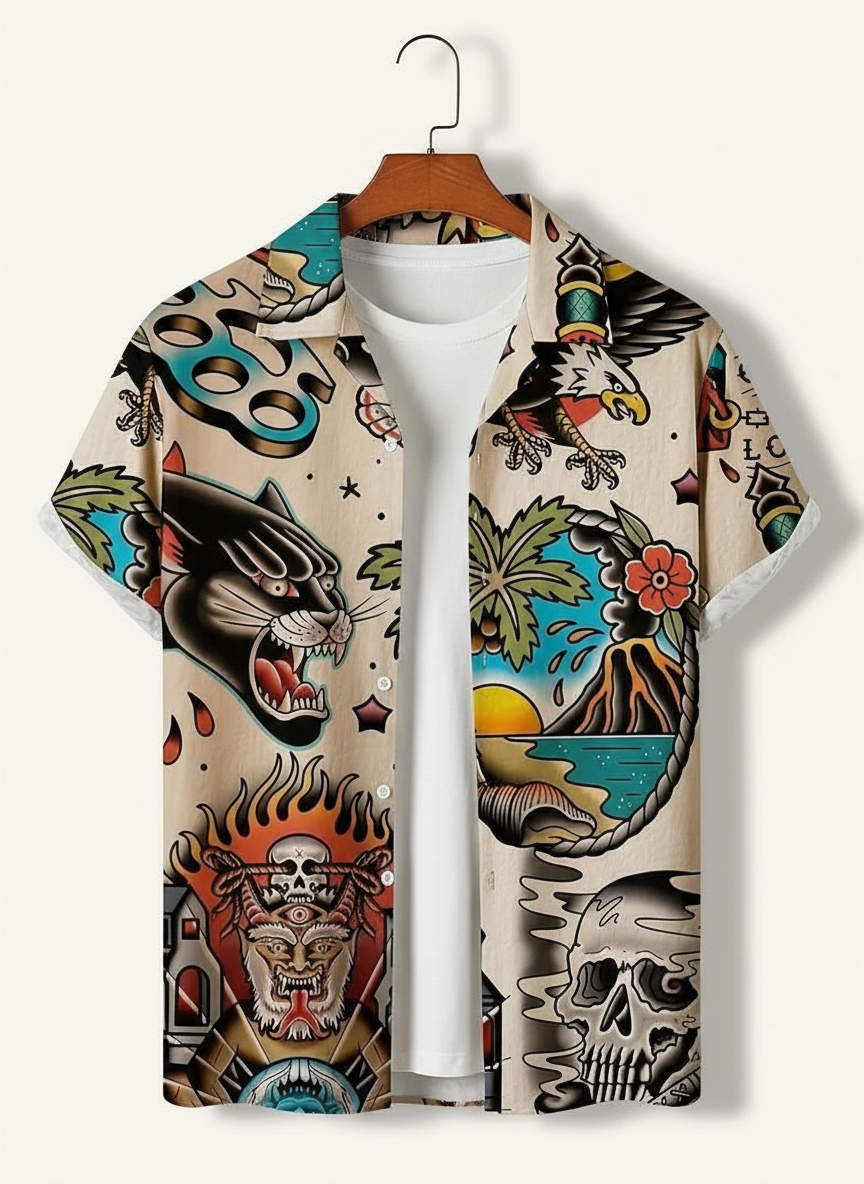 Tattoo Skull Eagle Vintage Hawaiian Shirt – Retro Graphic Printed Casual Beach Shirt for Men