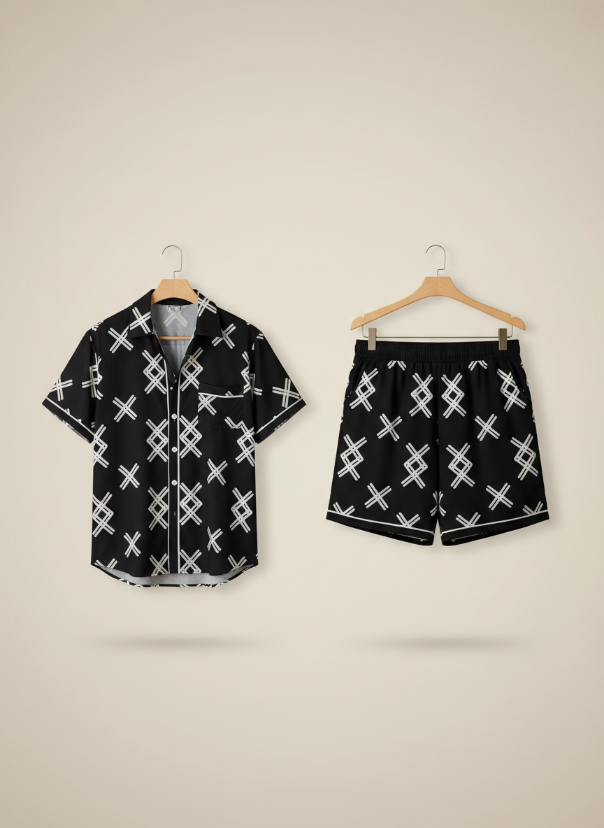 Men’s Geometric Cross-Hatch Pattern Black Resort Wear Set – 2-Piece Summer Shirt & Shorts Co-Ord Outfit