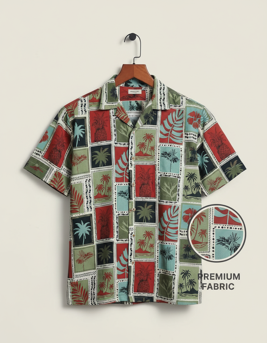 Men’s Premium Tropical Patchwork Short Sleeve Shirt with Pineapple & Palm Leaf Motif – Stylish Printed Casual Shirt