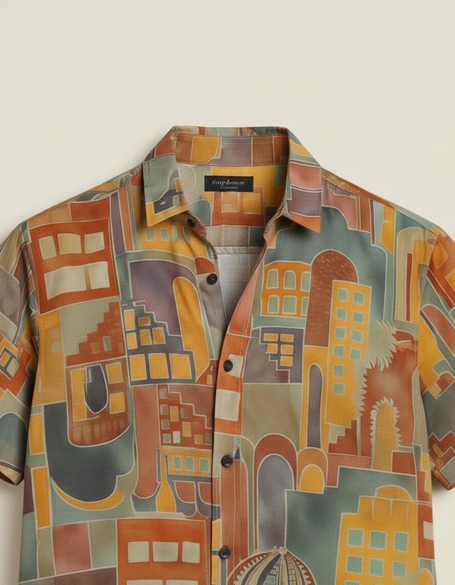 Men’s Korean Style Earth-Tone Architectural Abstract Print Short Sleeve Button-Down Shirt – Modern Casual Graphic Shirt