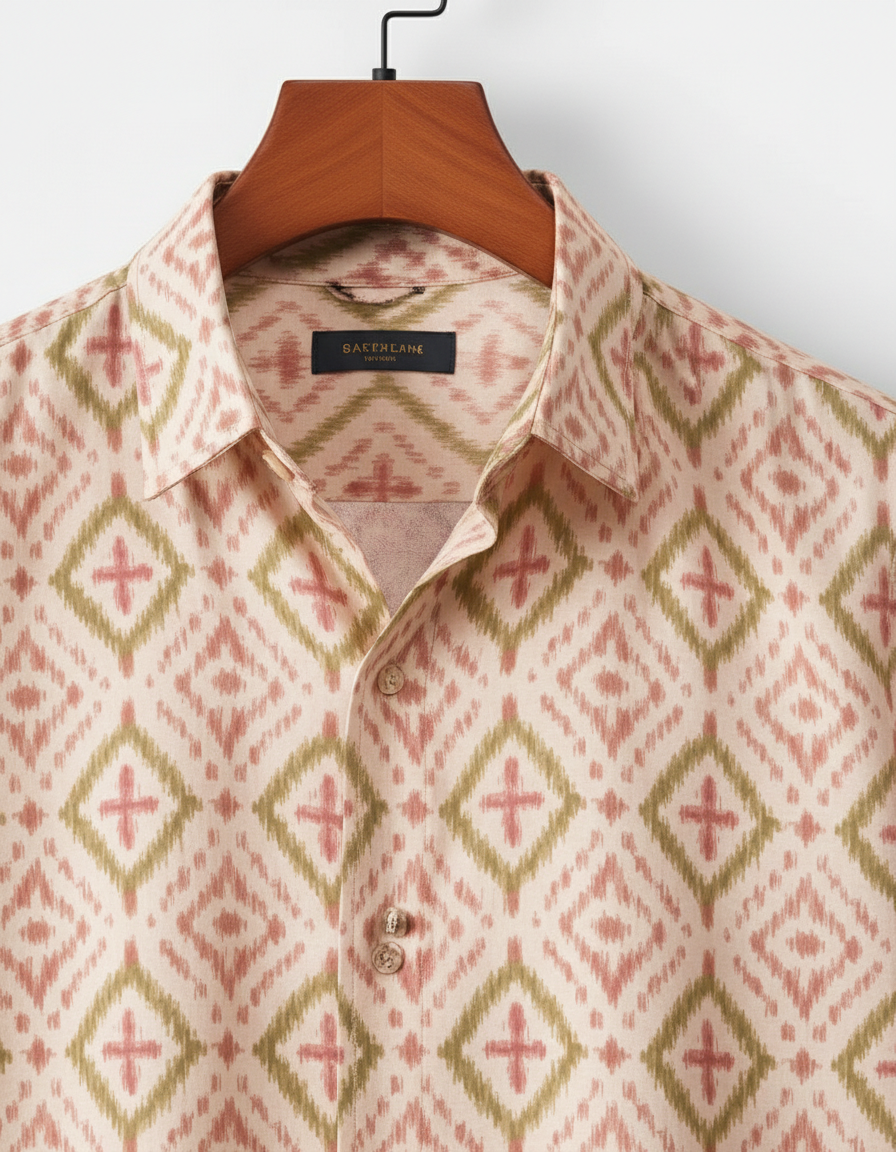 Men’s Korean Style Peach & Sage Green Abstract Diamond Ikat Print Short Sleeve Button-Down Shirt – Modern Casual Graphic Shirt