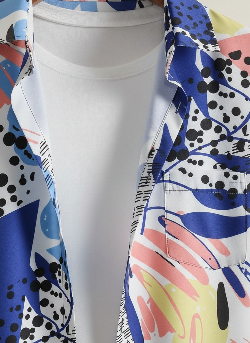 Modern Lycra Polyester Blue Multi Printed Shirt – Stretchable Stylish Casual Wear for Men