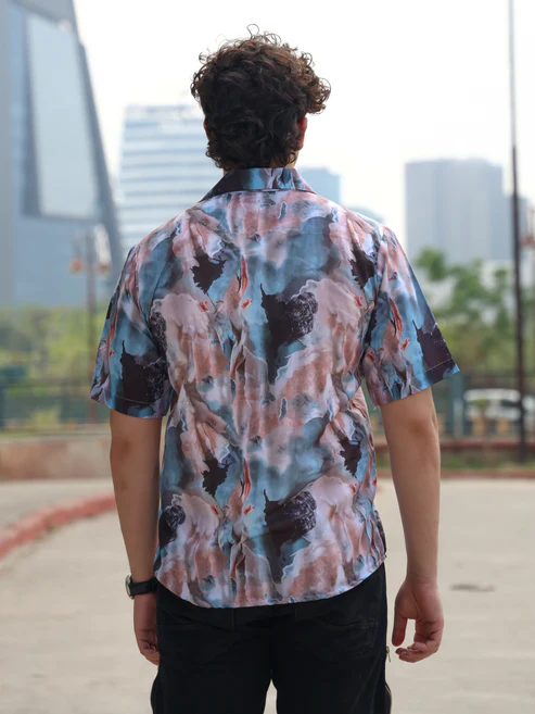 Men’s Abstract Print Cuban Collar Shirt – Marble Blue Earth Tone Short Sleeve Button Down Relaxed Fit Summer Beach Resort Wear