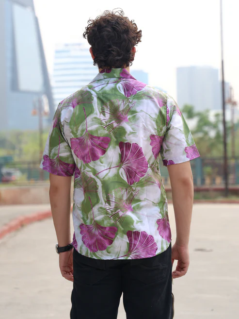 Men’s Purple & Green Floral Cuban Collar Shirt – Short Sleeve Button Down Ginkgo Leaf Print Lightweight Summer Tropical Beach Shirt