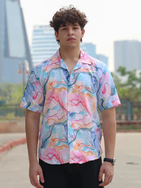 Men’s Pastel Abstract Print Cuban Collar Shirt – Short Sleeve Button Down Watercolor Swirl Design Colorful Summer Festival Beach Resort Shirt