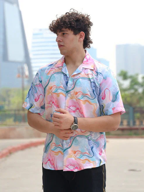 Men’s Pastel Abstract Print Cuban Collar Shirt – Short Sleeve Button Down Watercolor Swirl Design Colorful Summer Festival Beach Resort Shirt