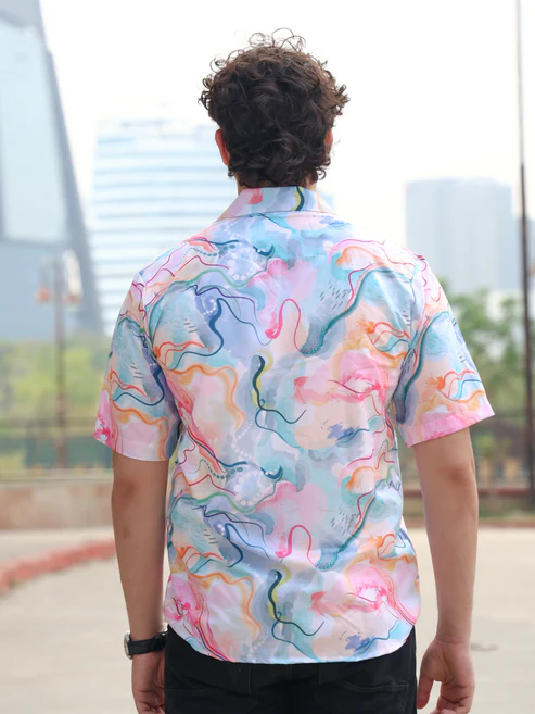 Men’s Pastel Abstract Print Cuban Collar Shirt – Short Sleeve Button Down Watercolor Swirl Design Colorful Summer Festival Beach Resort Shirt