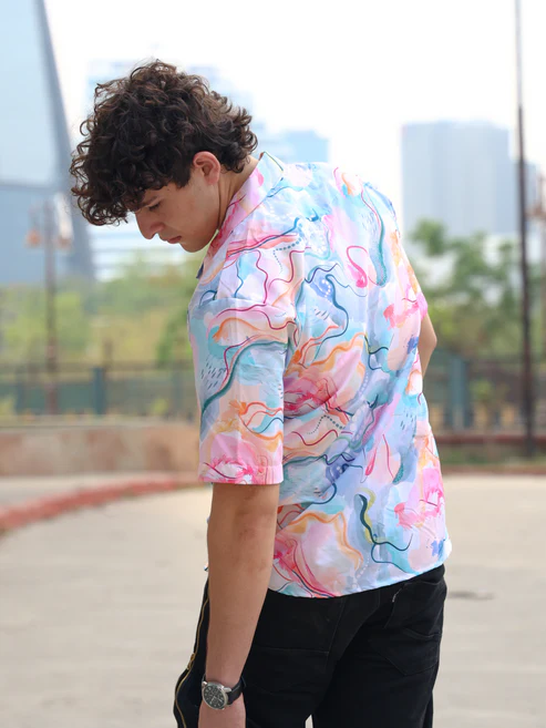 Men’s Pastel Abstract Print Cuban Collar Shirt – Short Sleeve Button Down Watercolor Swirl Design Colorful Summer Festival Beach Resort Shirt