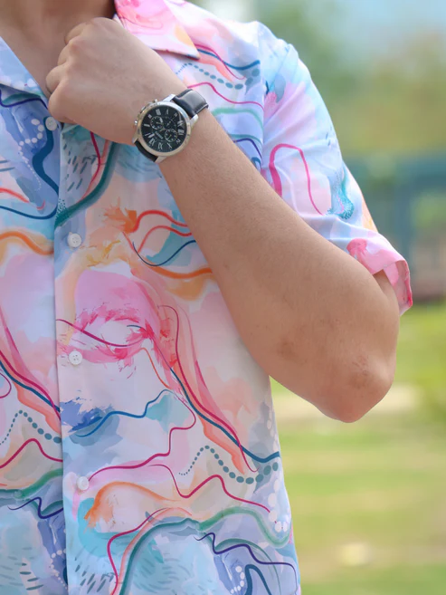 Men’s Pastel Abstract Print Cuban Collar Shirt – Short Sleeve Button Down Watercolor Swirl Design Colorful Summer Festival Beach Resort Shirt