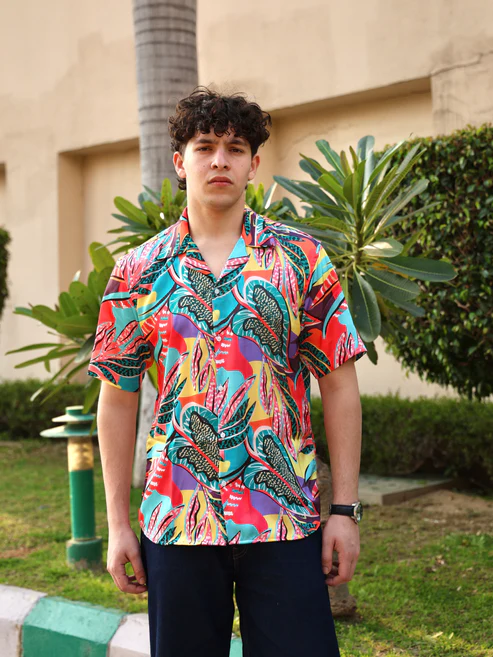 Men’s Neon Jungle Abstract Tropical Print Cuban Collar Shirt – Short Sleeve Button Down Lightweight Relaxed Fit Summer Beach Festival Resort Wear