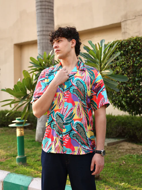 Men’s Neon Jungle Abstract Tropical Print Cuban Collar Shirt – Short Sleeve Button Down Lightweight Relaxed Fit Summer Beach Festival Resort Wear