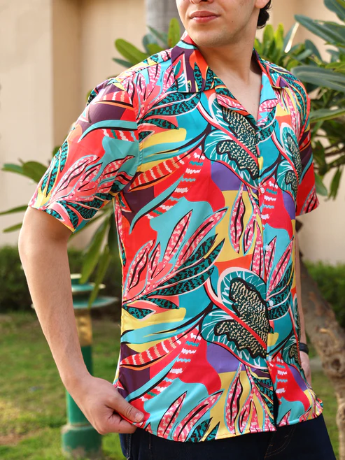 Men’s Neon Jungle Abstract Tropical Print Cuban Collar Shirt – Short Sleeve Button Down Lightweight Relaxed Fit Summer Beach Festival Resort Wear