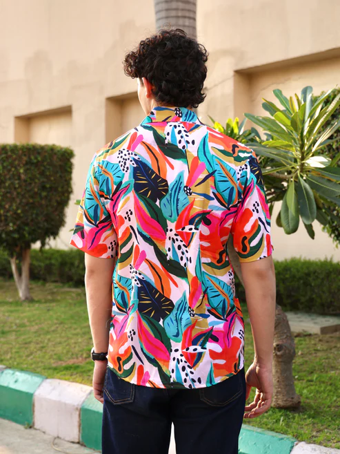 Men’s Multi Color Abstract Flora Print Cuban Collar Shirt – Short Sleeve Button Down Lightweight Relaxed Fit Summer Vacation Camp Beach Resort Wear