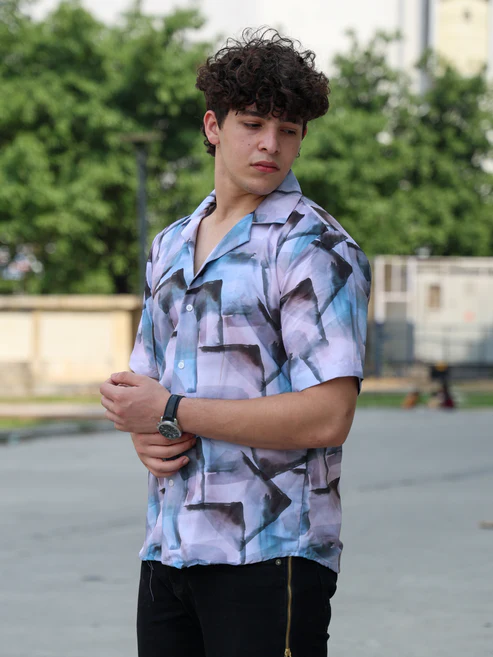 Men’s Abstract Watercolor Cuban Collar Shirt – Purple Blue Ink Wash Print Short Sleeve Lightweight Relaxed Fit Summer Camp Resort Shirt