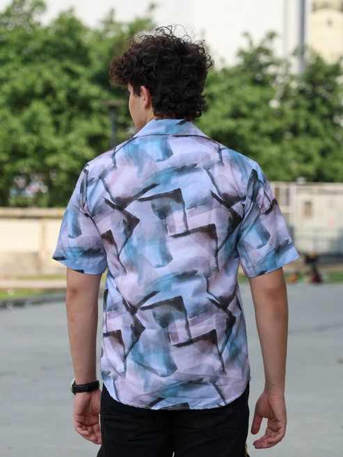 Men’s Abstract Watercolor Cuban Collar Shirt – Purple Blue Ink Wash Print Short Sleeve Lightweight Relaxed Fit Summer Camp Resort Shirt