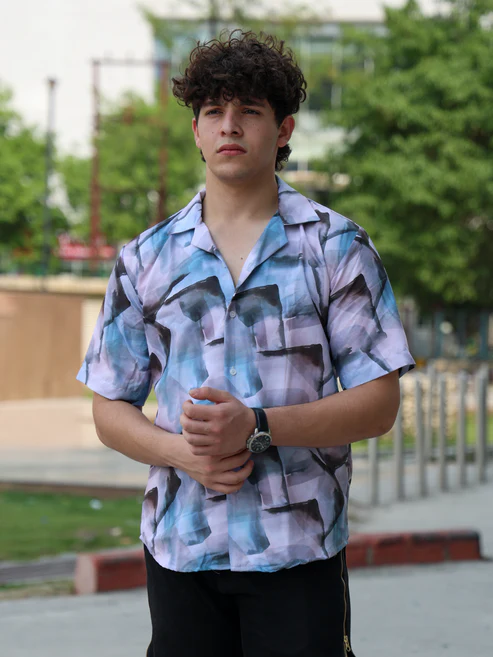 Men’s Abstract Watercolor Cuban Collar Shirt – Purple Blue Ink Wash Print Short Sleeve Lightweight Relaxed Fit Summer Camp Resort Shirt