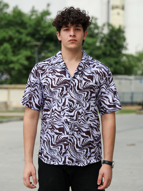 Men’s Abstract Zebra Print Cuban Collar Shirt – Warped Animal Stripe Short Sleeve Button Down Monochrome Relaxed Fit Summer Camp Urban Streetwear Shirt