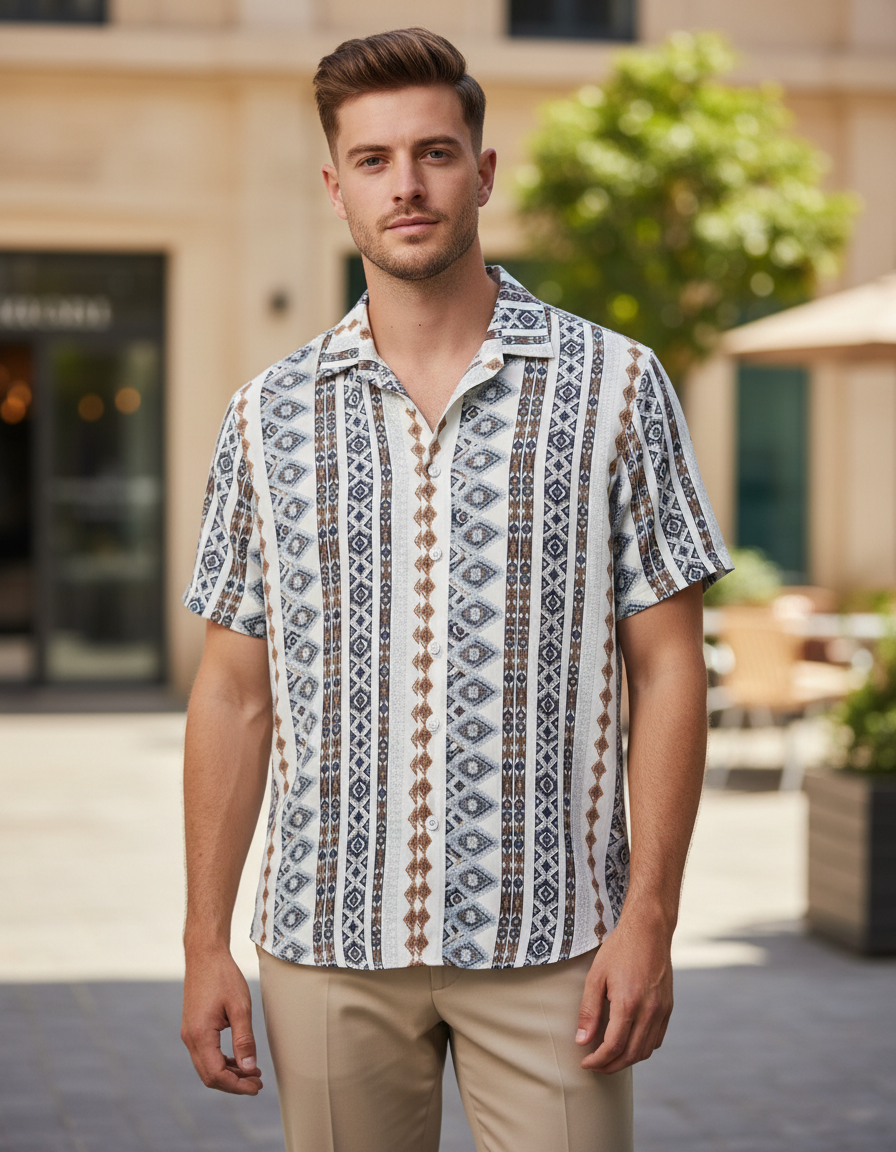 Men’s Classic Fit Spread Collar Geometric Printed Casual Shirt – Stylish Everyday Cotton Button-Down