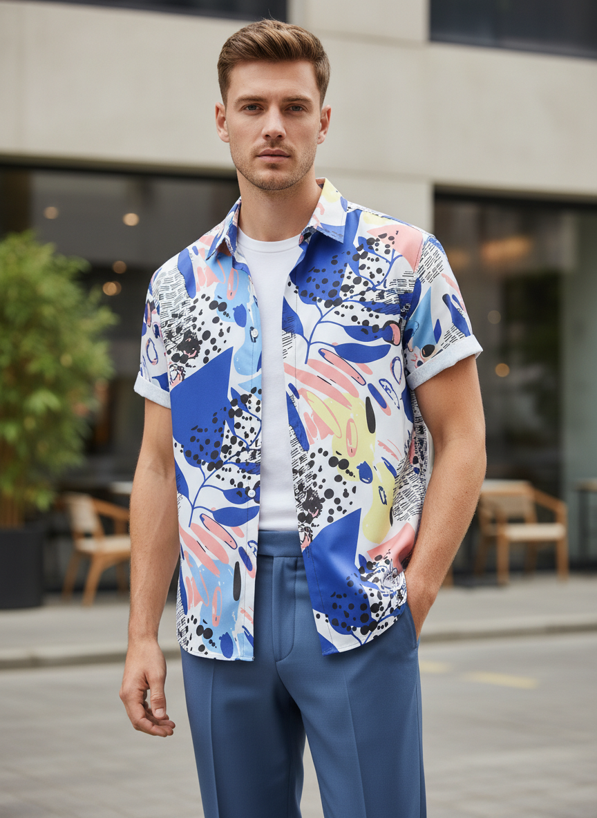 Modern Lycra Polyester Blue Multi Printed Shirt – Stretchable Stylish Casual Wear for Men