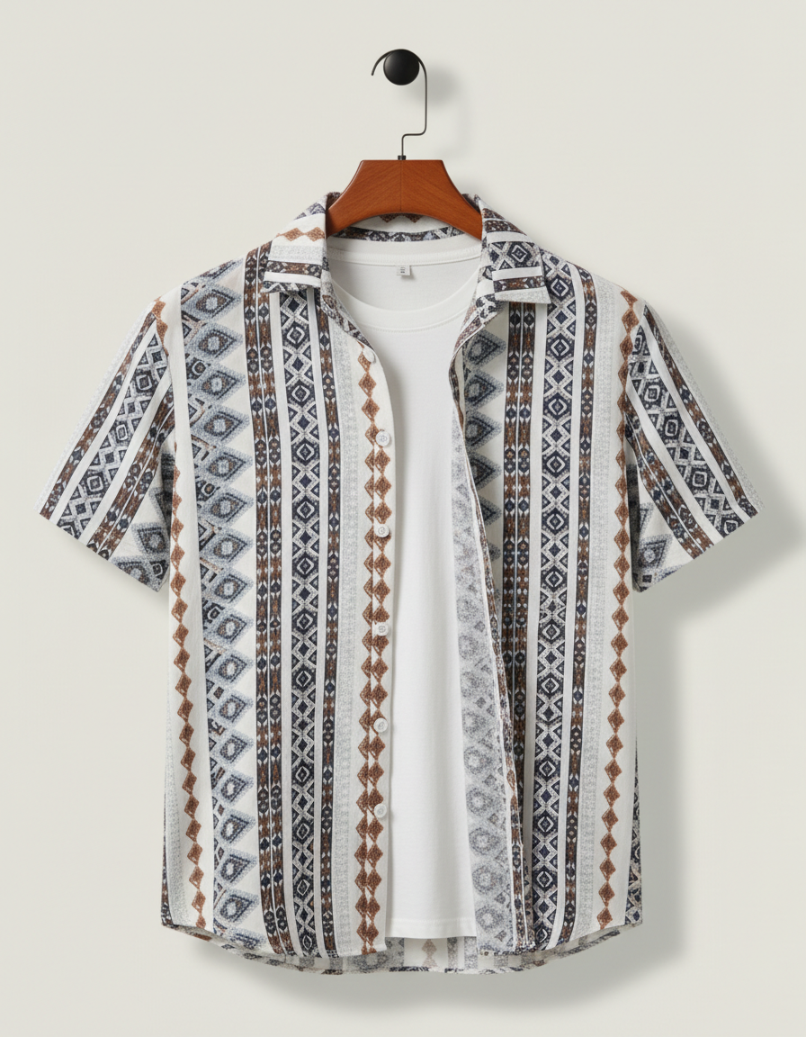 Men’s Classic Fit Spread Collar Geometric Printed Casual Shirt – Stylish Everyday Cotton Button-Down