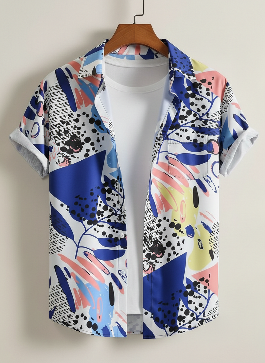 Modern Lycra Polyester Blue Multi Printed Shirt – Stretchable Stylish Casual Wear for Men