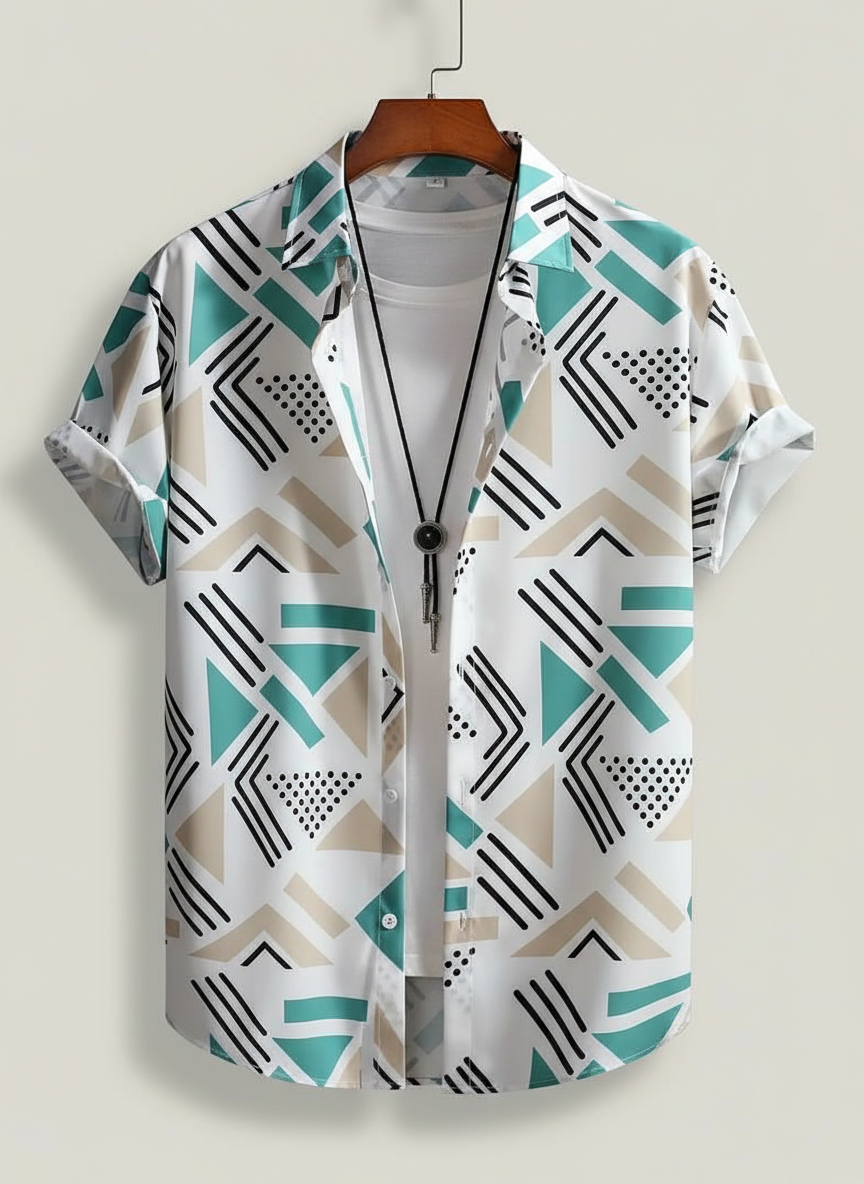 Hot Sale Summer Men’s Beach Shirt – Fashion Geometric Pattern Printed Casual Hawaiian Short Sleeve Shirt