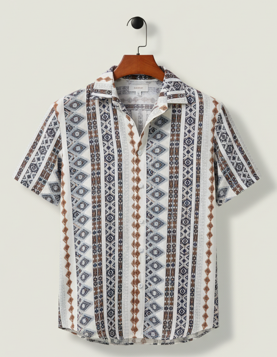 Men’s Classic Fit Spread Collar Geometric Printed Casual Shirt – Stylish Everyday Cotton Button-Down