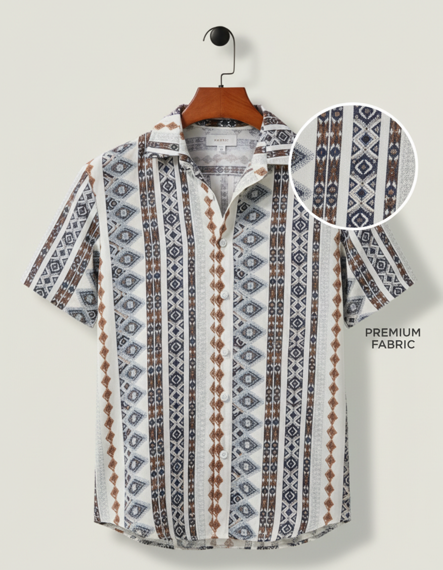 Men’s Classic Fit Spread Collar Geometric Printed Casual Shirt – Stylish Everyday Cotton Button-Down